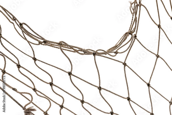 Fototapeta Torn Football or tennis net. Rope mesh on a white background close-up