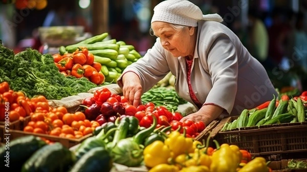 Obraz Senior woman sells fresh vegetables at local market stalls, offering a diverse selection of farm-fresh produce with warmth and expertise.