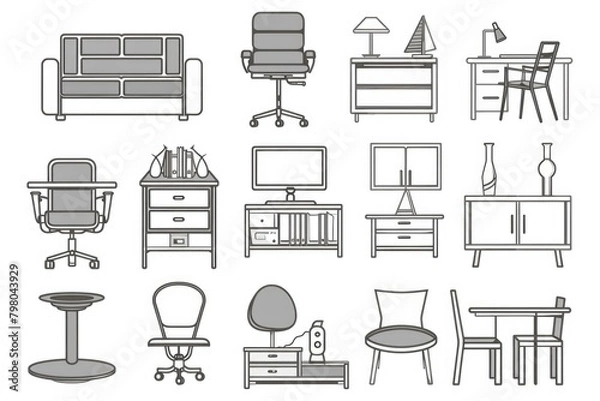 Fototapeta Various furniture icons including chair, desk, table, and more. Suitable for interior design projects