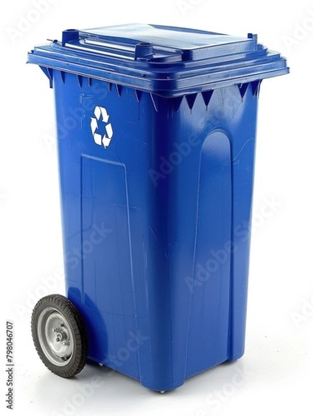 Fototapeta Blue trash can with wheels against a plain white backdrop