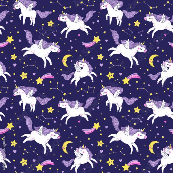 Fototapeta Vector seamless pattern of white magical unicorns on the starry sky. Hand drawn illustration of an unicorns, a constellation, and crescent moon on dark blue background