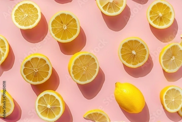 Fototapeta Fresh Yellow Lemons with Green Leaves on Pastel Background