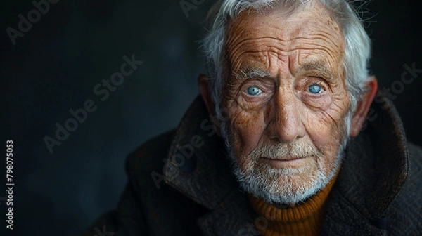 Fototapeta Professional studio photo portrait of a nice pleasant elderly man, senior, a retiree, with a pronounced emotional expression, widescreen 16:9