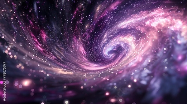 Fototapeta A close up of an explosion in space, a pink and purple galaxy with stars, a spiral or a supermassive black hole, background, bokeh effect, shiny particles flying everywhere.