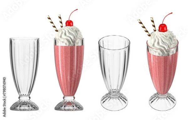 Fototapeta Strawberry cocktail with waffle tubes, cream and cherry on isolated transparent background. Set of empty glasses and with drink in different angles. Bar theme. 3d rendering.
