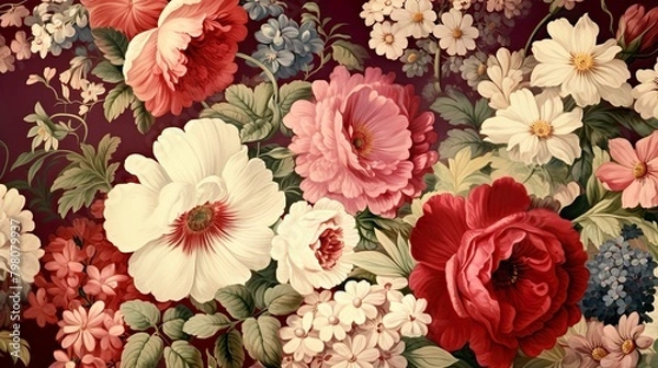 Fototapeta A detailed digital artwork of various blooming flowers in rich colors set against a dark background