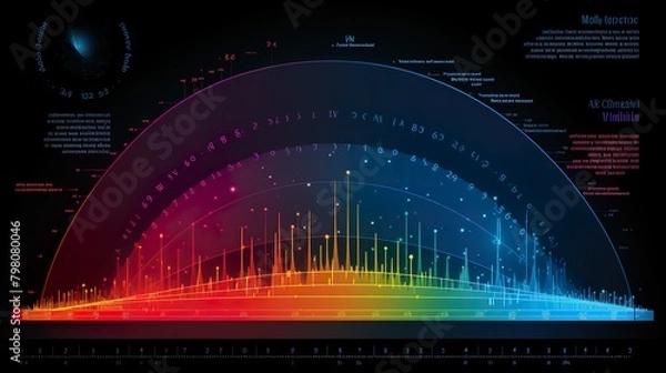Fototapeta This vibrant image depicts a spectrum wave chart with various scientific annotations and metrics, giving an educational insight