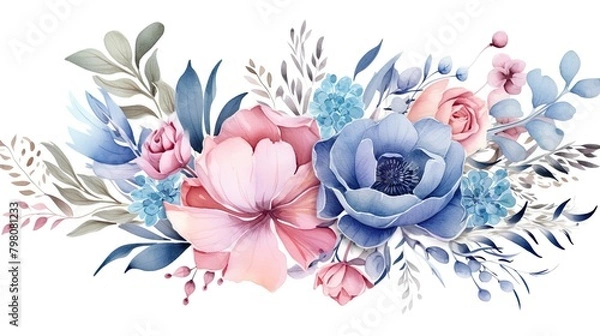 Fototapeta A sophisticated arrangement of watercolor flowers in soft blue and pink tones, perfect for elegant designs