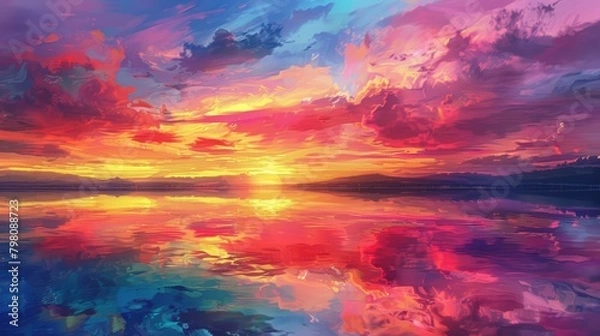 Fototapeta Realistic depiction of a vibrant sunset over a serene lake, with the colorful sky reflecting beautifully on the water's surface