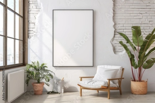 Fototapeta Modern Minimalistic Interior with White Armchair and Blank Canvas