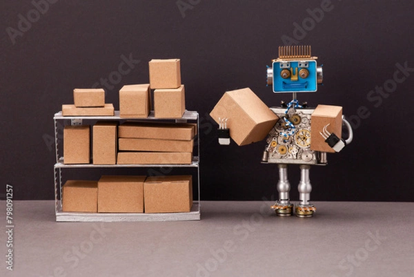 Fototapeta The robot sorts parcels and items, arranges cardboard boxes on the shelves, order storage process.
