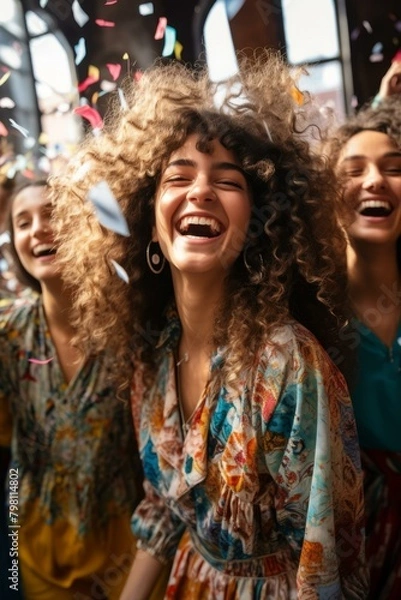 Fototapeta b'Three young women with curly hair are laughing and dancing in a room with confetti falling.'
