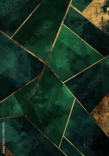 Fototapeta Abstract art geometric pattern featuring emerald green and gold colors, with angular shapes and textured textures for an elegant design.
