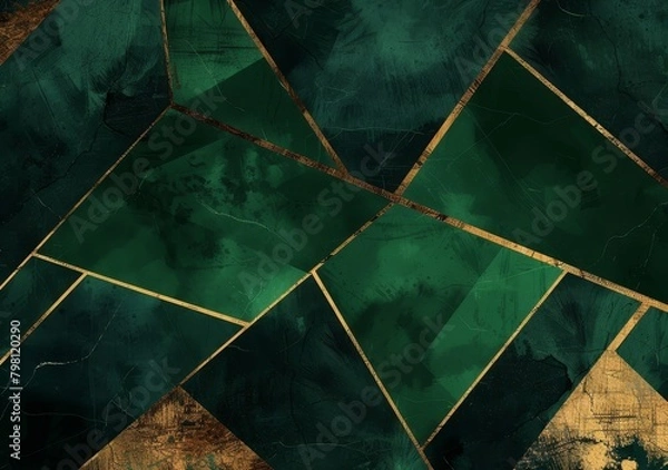 Fototapeta Abstract art geometric pattern featuring emerald green and gold colors, with angular shapes and textured textures for an elegant design.