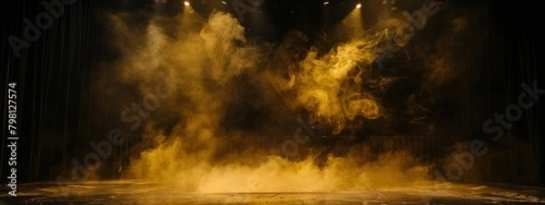 Fototapeta Black stage with yellow smoke below, like fog on the floor. In a dark room.	
