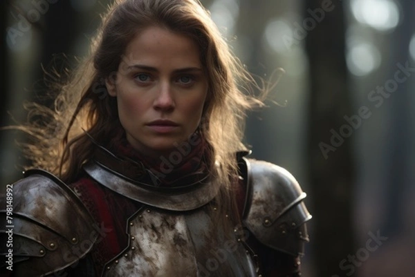 Fototapeta a woman in armor with a red scarf and a red scarf