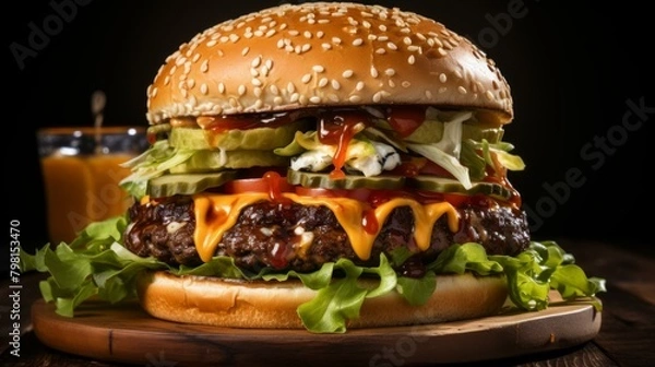 Fototapeta b'Close-up of a delicious cheeseburger with lettuce, tomato, onion, and pickles'
