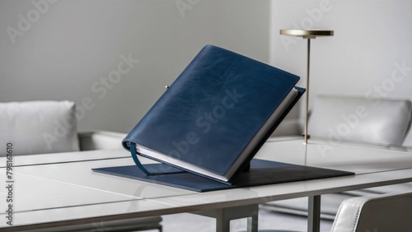 Obraz  A stunning image of a pristine blue leather folder elegantly positioned on a pristine white desk in a minimalist room.