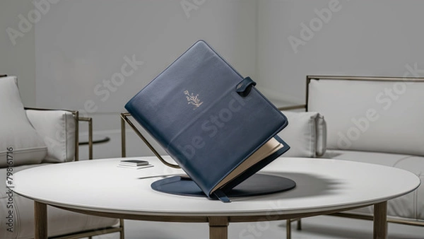 Obraz  A stunning image of a pristine blue leather folder elegantly positioned on a pristine white desk in a minimalist room.