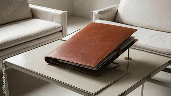Obraz A stunning image of a pristine brown leather folder elegantly positioned on a pristine white desk in a minimalist room.