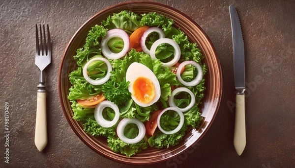 Fototapeta fresh vegetable salad and boiled egg on a wooden table table, top view.
