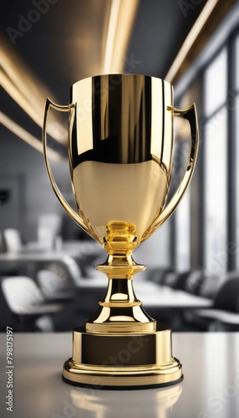 Fototapeta Golden trophy against a modern office backdrop, symbolizing achievement and success in business
