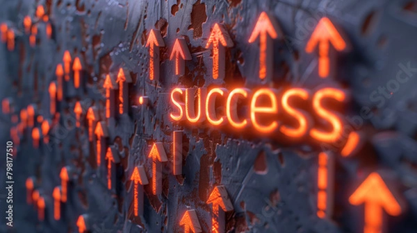 Fototapeta A series of arrows pointing upwards towards the word success, symbolizing progress and upward mobility