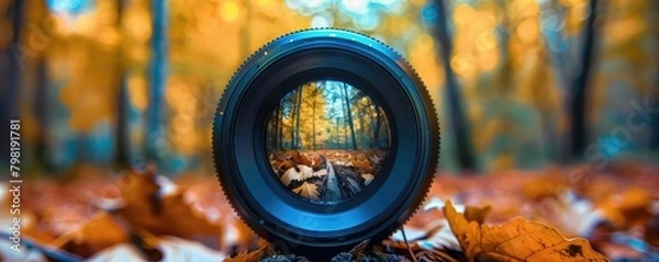 Obraz camera lens highlighting the vibrant, verdant beauty of a forest, reveling in the art of photography.