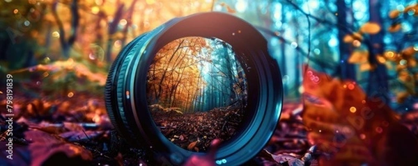 Obraz camera lens highlighting the vibrant, verdant beauty of a forest, reveling in the art of photography.