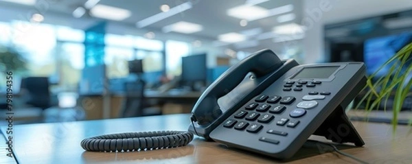 Obraz A contemporary office setting features sleek phones and a notepad on a polished desk, showcasing a clean and efficient workspace