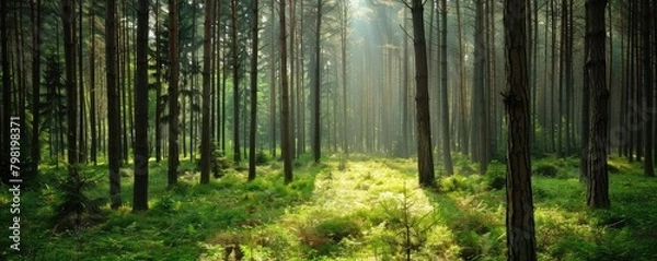 Fototapeta Beautiful forest scene bathed in sunlight with tall trees and lush green underbrush, evoking a sense of peace and wilderness.