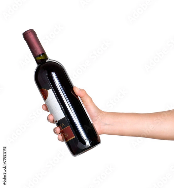 Obraz Hand hold black wine bottle isolated on transparent layered background.