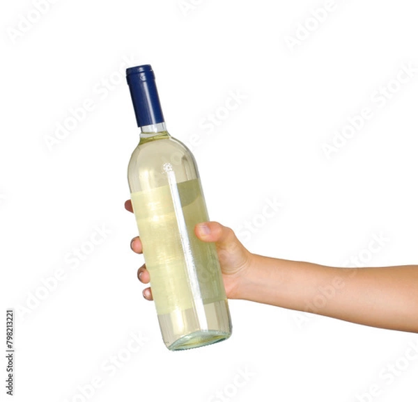 Obraz Hand hold white wine bottle isolated on transparent layered background.