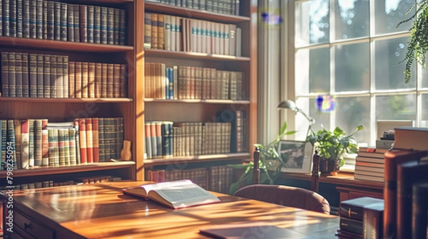 Fototapeta A desk with a book open on it and a potted plant next to it. The room is filled with bookshelves and a window lets in sunlight