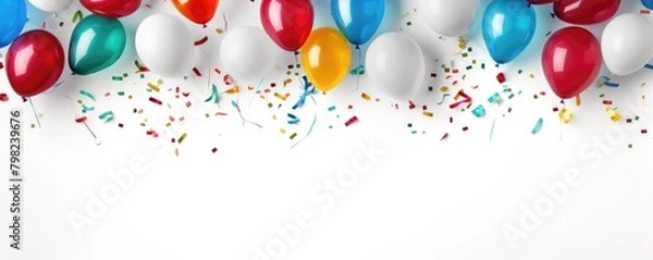 Obraz Festive balloons with ribbons and scattered confetti over white, representing celebration or party