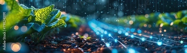 Obraz High-tech irrigation control system, close-up, saving water in agricultural use, digital interface