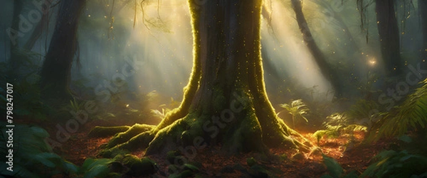 Fototapeta Ancient Guardian: Sunlight Through the Mystic Forest Generative AI