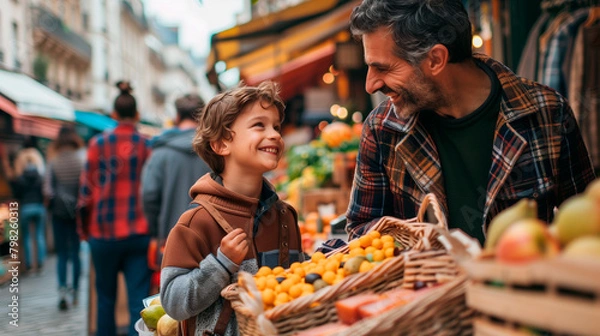 Obraz A father and son, tourists in Paris, enjoy a traditional market filled with regional products from France