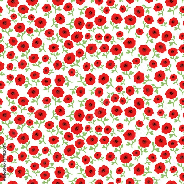 Fototapeta Vector  red poppy flowers seamless pattern background with hand