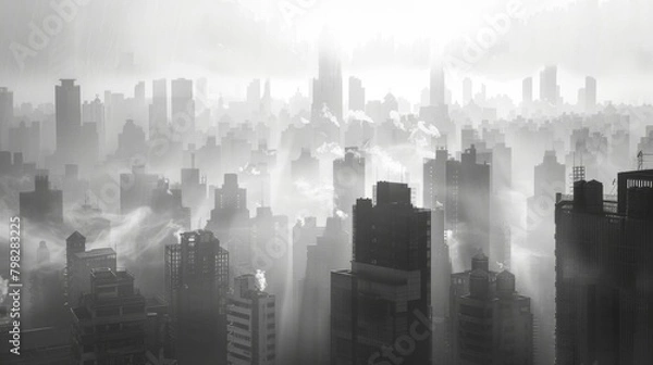 Obraz A hazy monochrome cityscape with indistinct buildings and shapes creates a dreamlike setting for the striking contrast of light and shadows in the architectural details. .