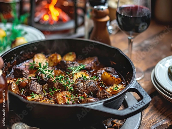 Fototapeta Cozy Winter Warmth: Hearty Beef Stew Simmered in a Cast Iron Pot