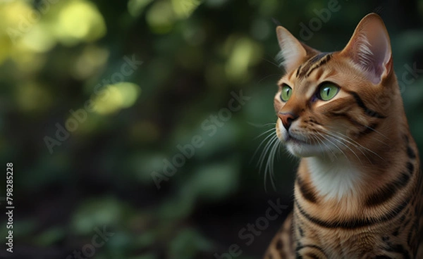 Obraz portrait of a bengal cat with green eyes in the grass, banner, background