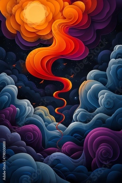 Fototapeta A swirling vortex of vibrant colors and shapes, with a bright light source at the top and dark clouds below. The vortex is surrounded by a sea of clouds.