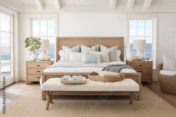 Fototapeta A modern coastal bedroom and nautical details provide a relaxed seaside vibe.