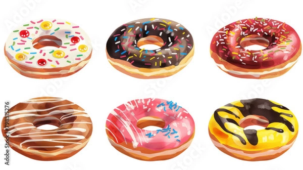 Fototapeta A collection of assorted sweet doughnuts with various toppings on a transparent background.