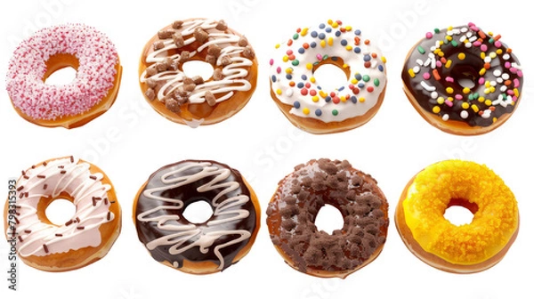 Fototapeta Collection of donuts as a dessert on a transparent background. Sweet food for dessert.