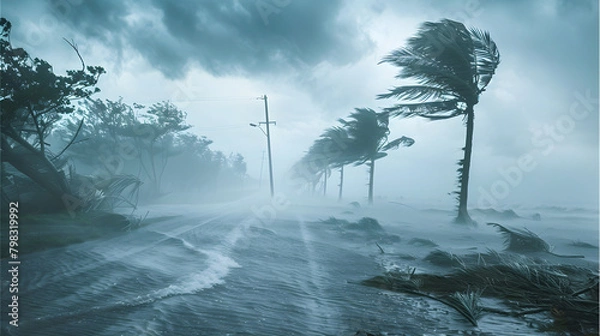 Fototapeta An image depicting the devastation caused by a strong wind hurricane and island flood disaster, requiring emergency response and community preparation.