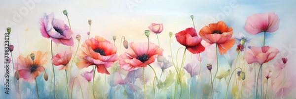 Fototapeta Red and purple poppies watercolor painting. Delicate illustration of red poppies. Aquarelle paper texture visible.