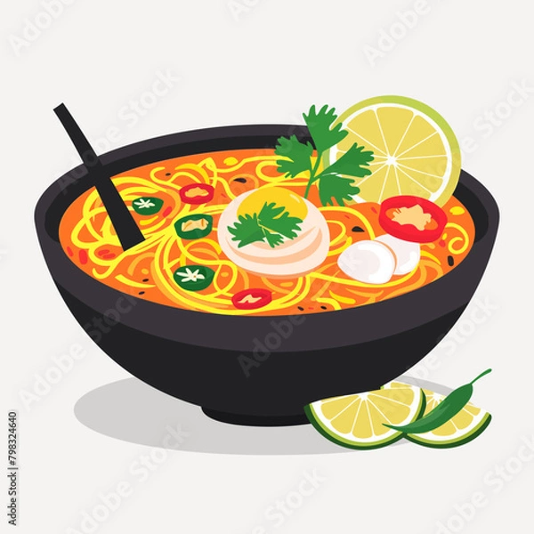 Obraz A bowl of soup with noodles and a lime on top