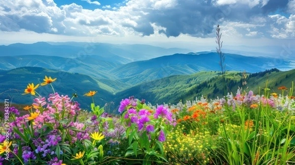 Obraz mountain view at beautiful summer sunset with pink rhododendron flowers